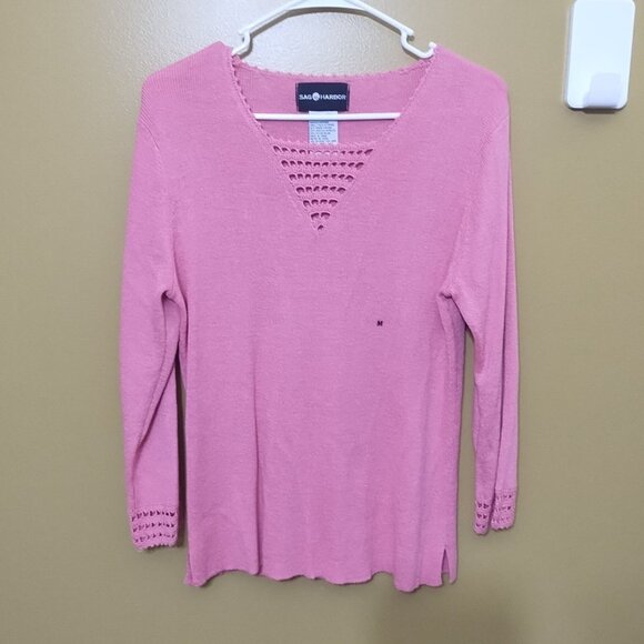 VTG 90s Sag Harbor Long Sleeve V Neck Knit Sweater w Crochet Accents M Barbie - Picture 1 of 6